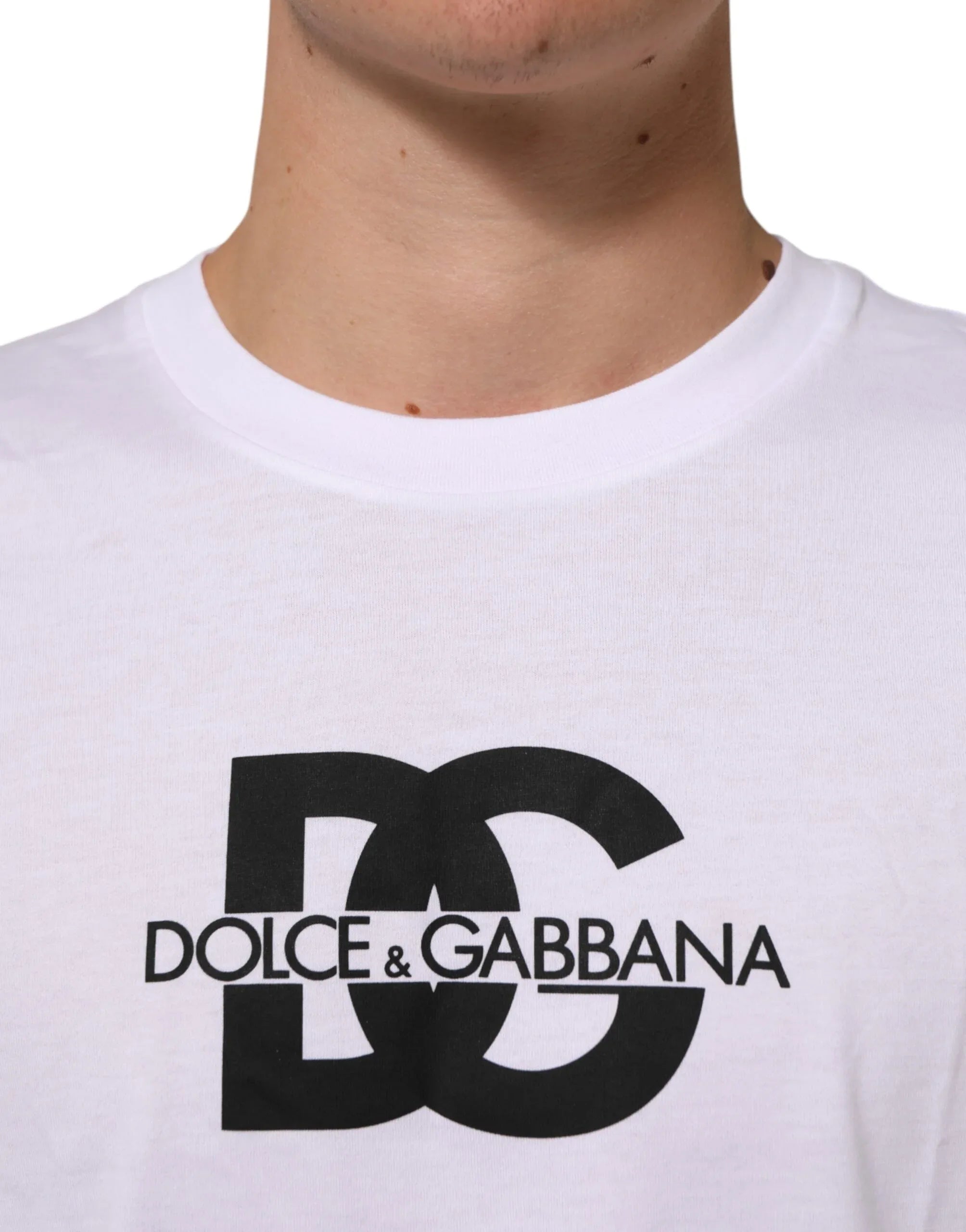 Dolce & Gabbana White Logo Print Cotton Crew Neck Men T-shirt - Zeiniez