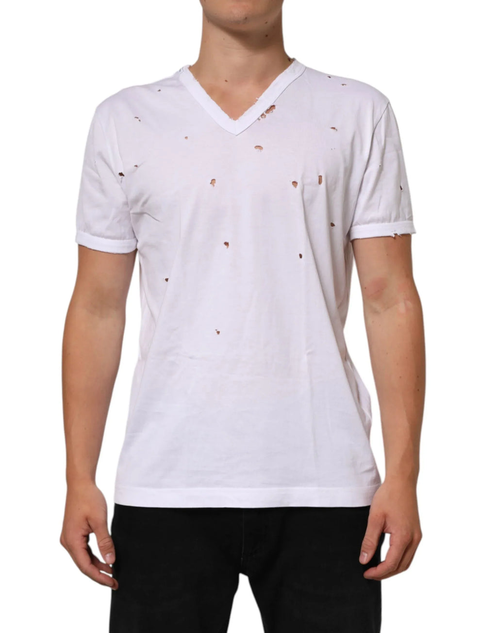 Dolce & Gabbana White Distressed Cotton V Neck Men T-shirt - Zeiniez