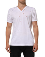 Dolce & Gabbana White Distressed Cotton V Neck Men T-shirt - Zeiniez