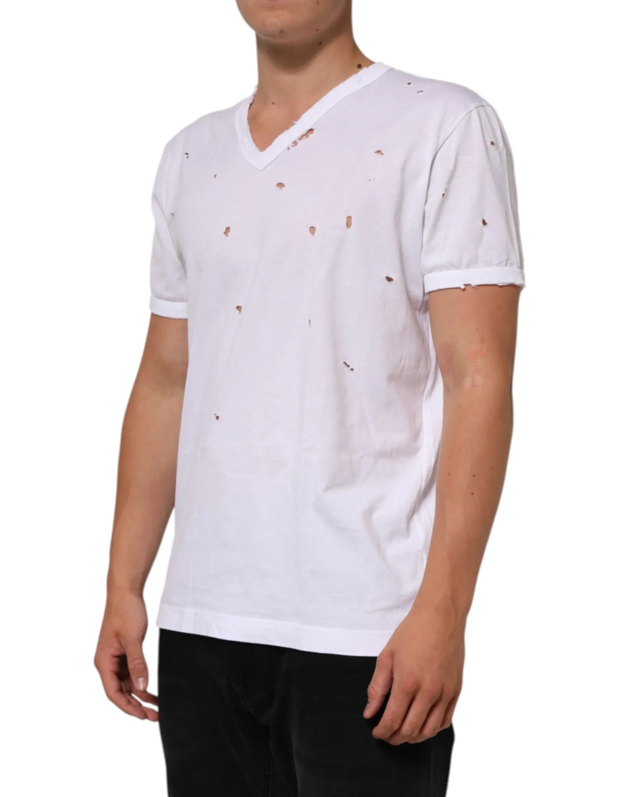 Dolce & Gabbana White Distressed Cotton V Neck Men T-shirt - Zeiniez