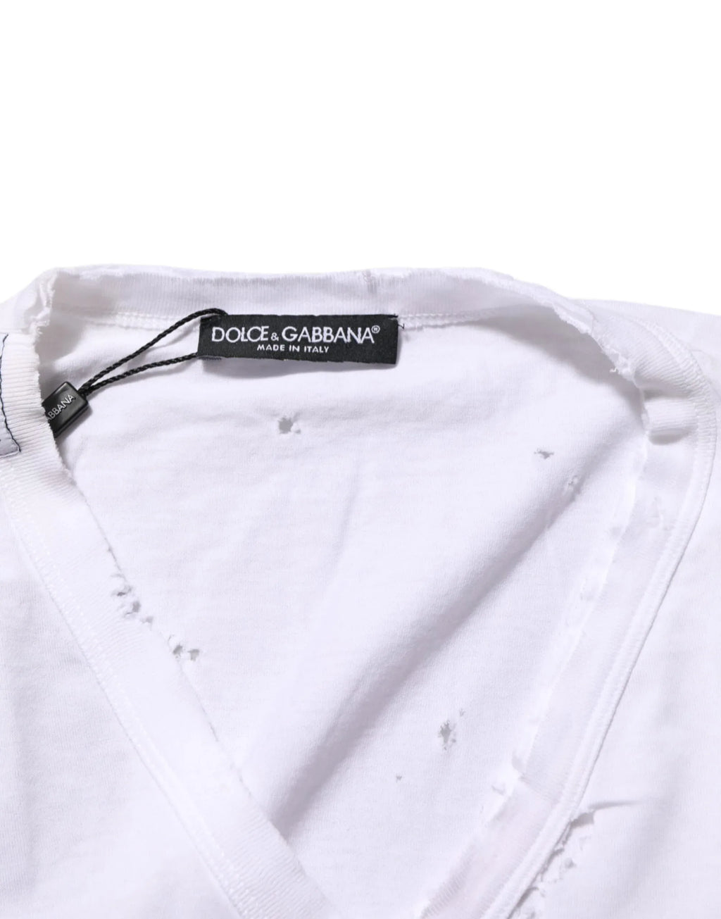 Dolce & Gabbana White Distressed Cotton V Neck Men T-shirt - Zeiniez