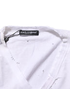 Dolce & Gabbana White Distressed Cotton V Neck Men T-shirt - Zeiniez