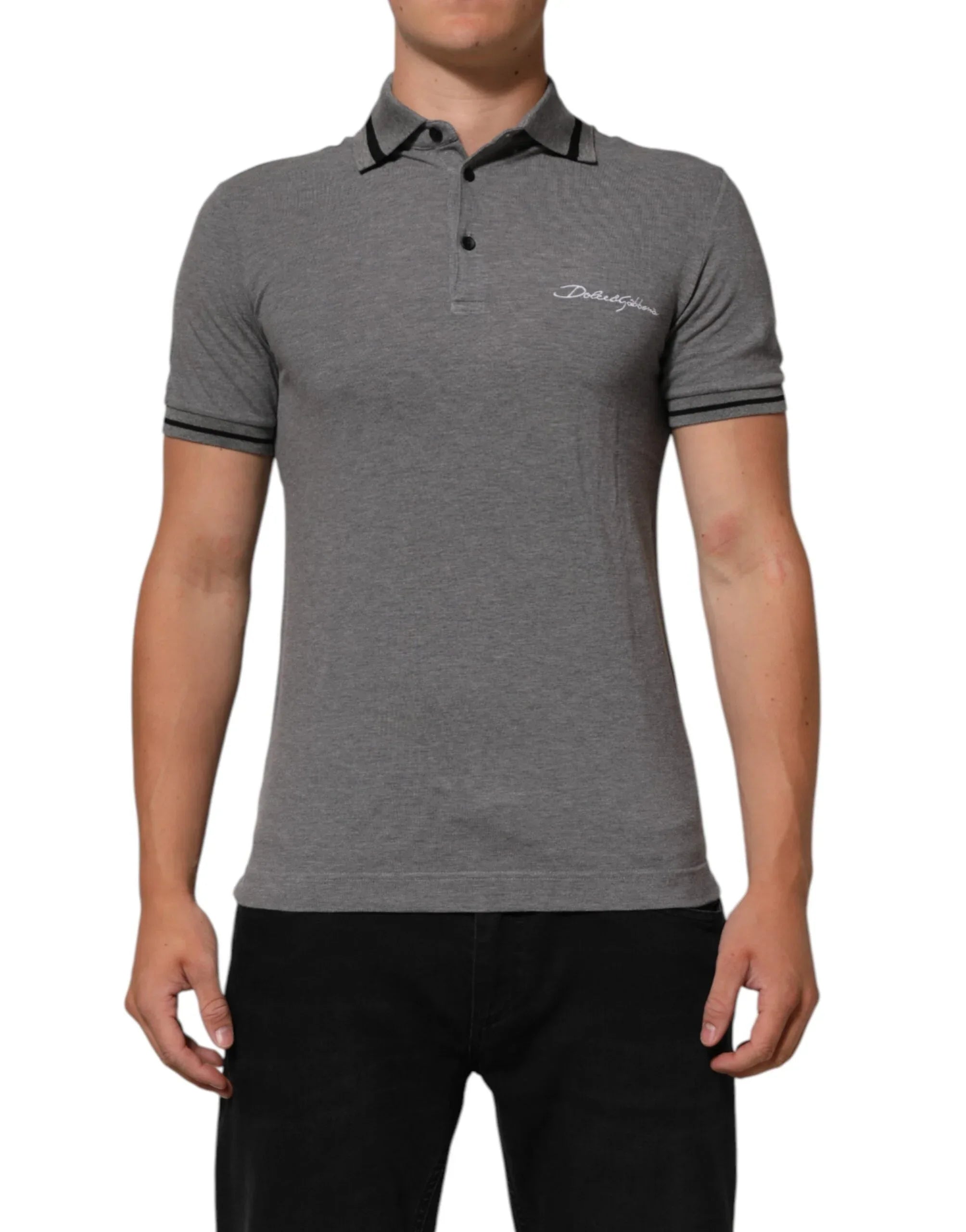 Dolce & Gabbana Gray Logo Embroidery Collared Polo T-shirt - Zeiniez
