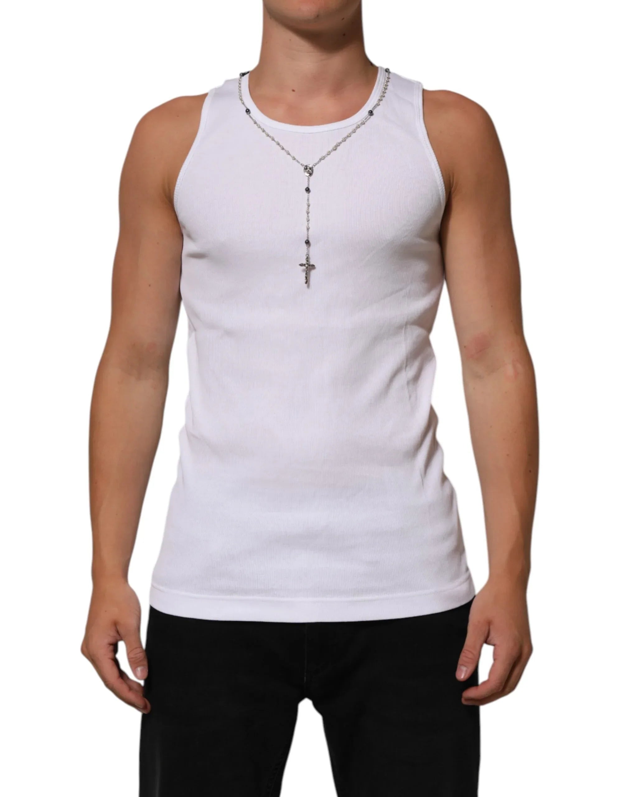 Dolce & Gabbana White Cotton Chain Necklace Tank Top T-shirt - Zeiniez