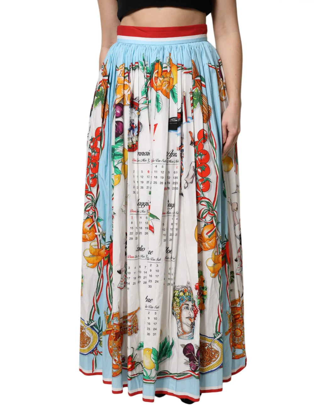 Dolce & Gabbana White Calendar Print Cotton Gathered Maxi Skirt - Zeiniez
