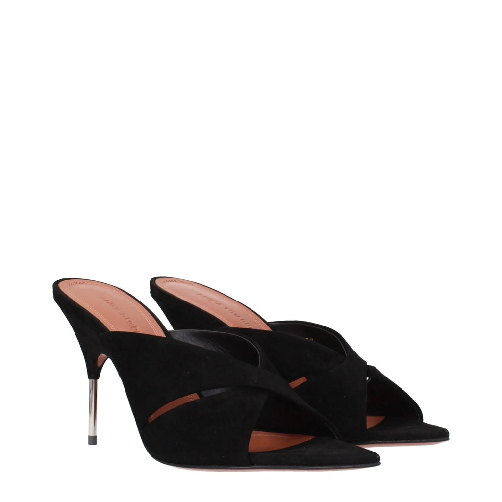 Amina Muaddi Black Leather Stiletto Heel Sandals - Zeiniez
