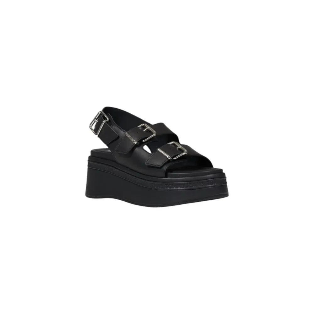 Tommy Hilfiger Jeans Black Leather Platform Sandals - Zeiniez