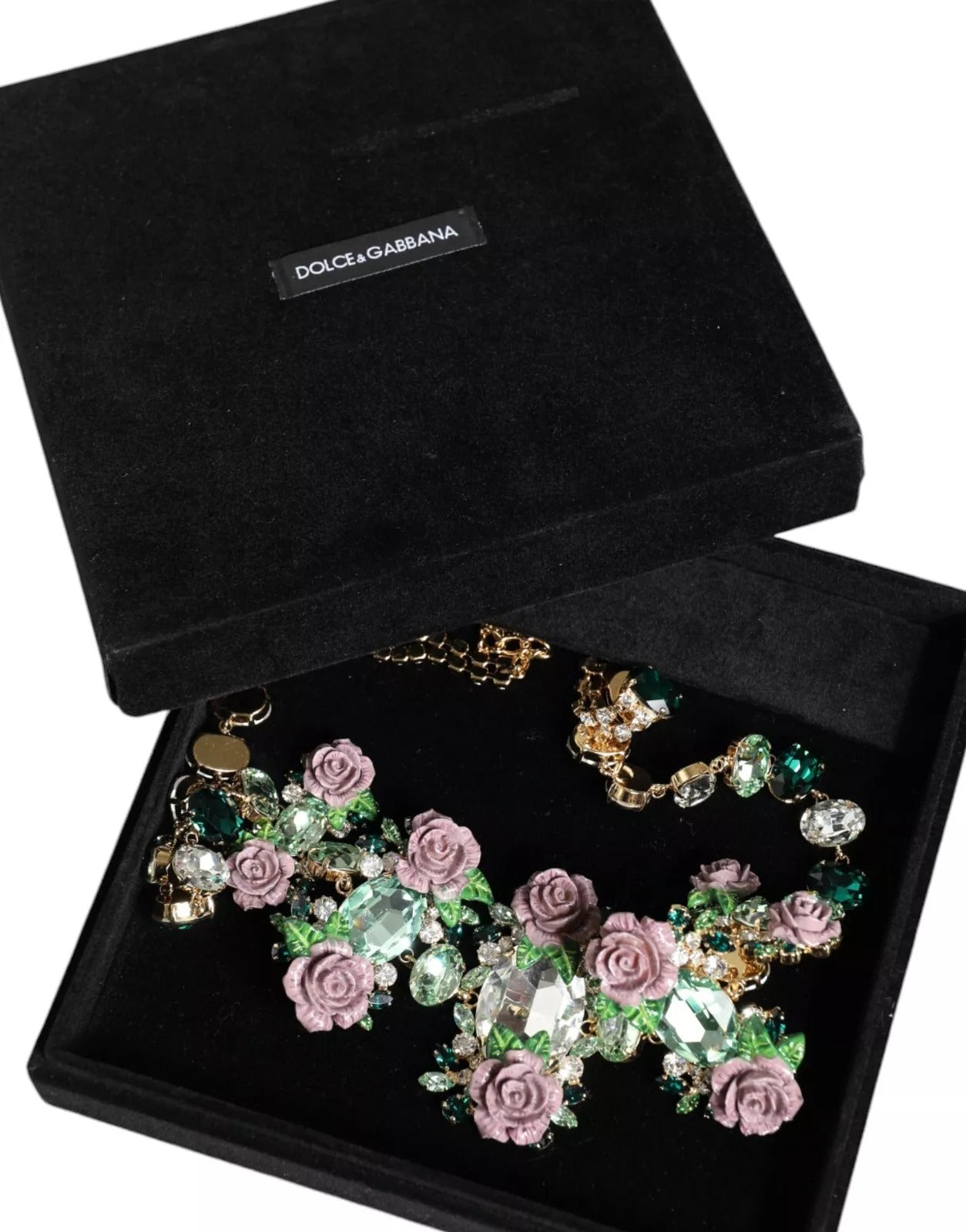 Dolce & Gabbana Gold Brass Link Chain Rose Petal Crystal Necklace - Zeiniez