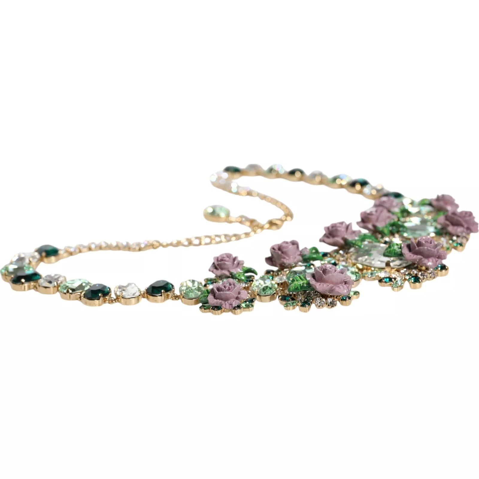Dolce & Gabbana Gold Brass Link Chain Rose Petal Crystal Necklace - Zeiniez