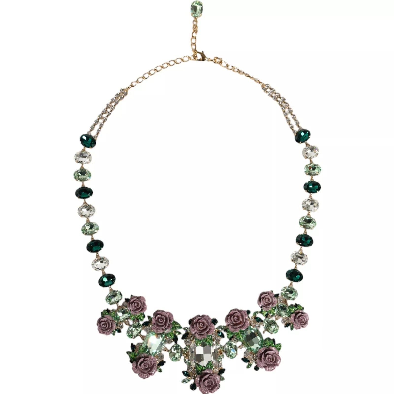 Dolce & Gabbana Gold Brass Link Chain Rose Petal Crystal Necklace - Zeiniez