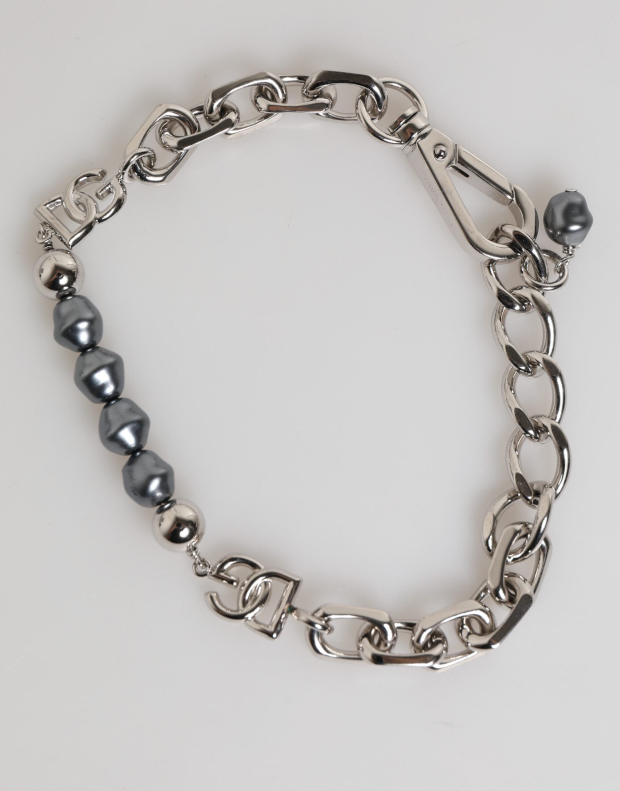 Dolce & Gabbana Silver Tone Chain Lobster Clasp Logo Gray Pearls Bracelet - Zeiniez