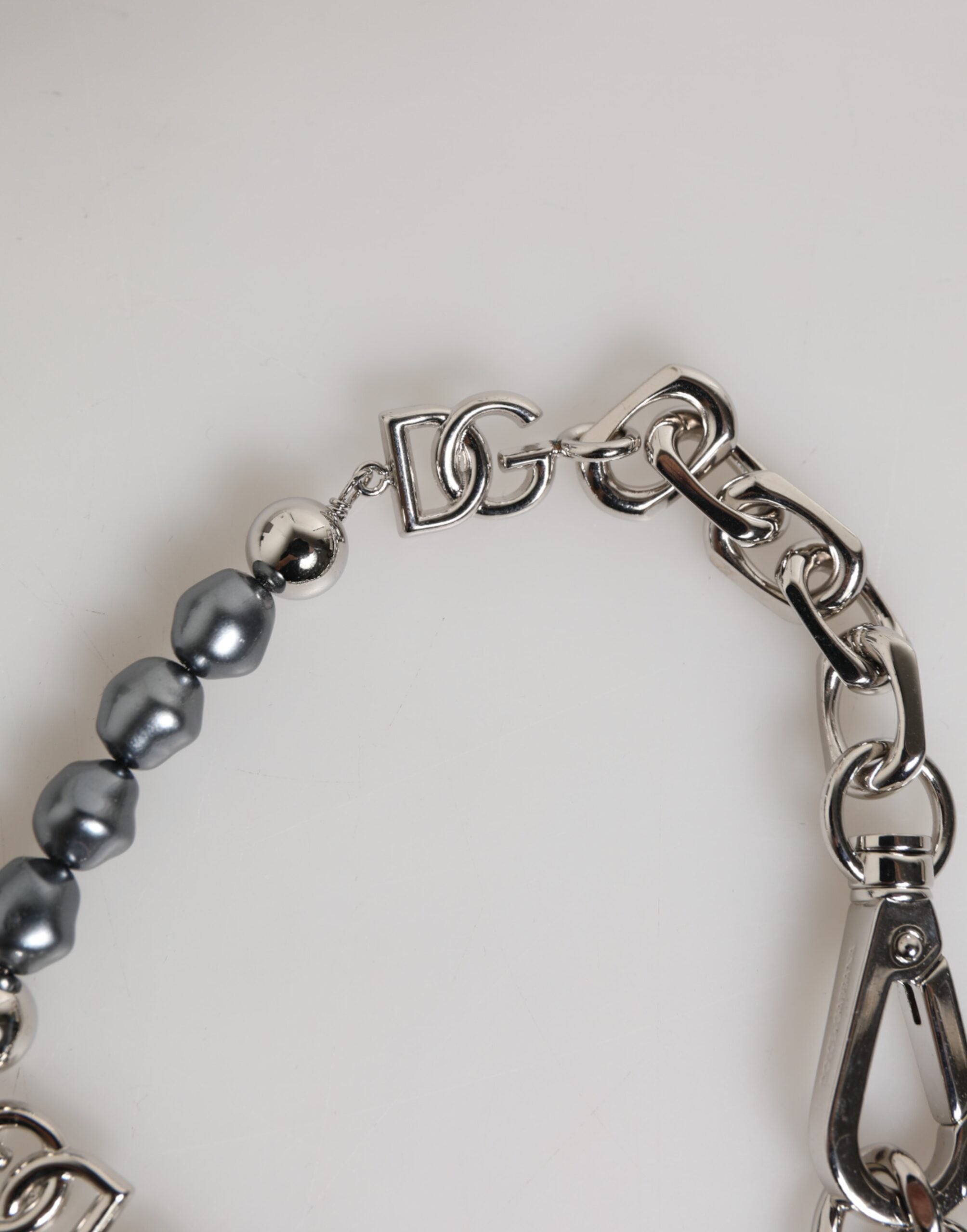 Dolce & Gabbana Silver Tone Chain Lobster Clasp Logo Gray Pearls Bracelet - Zeiniez