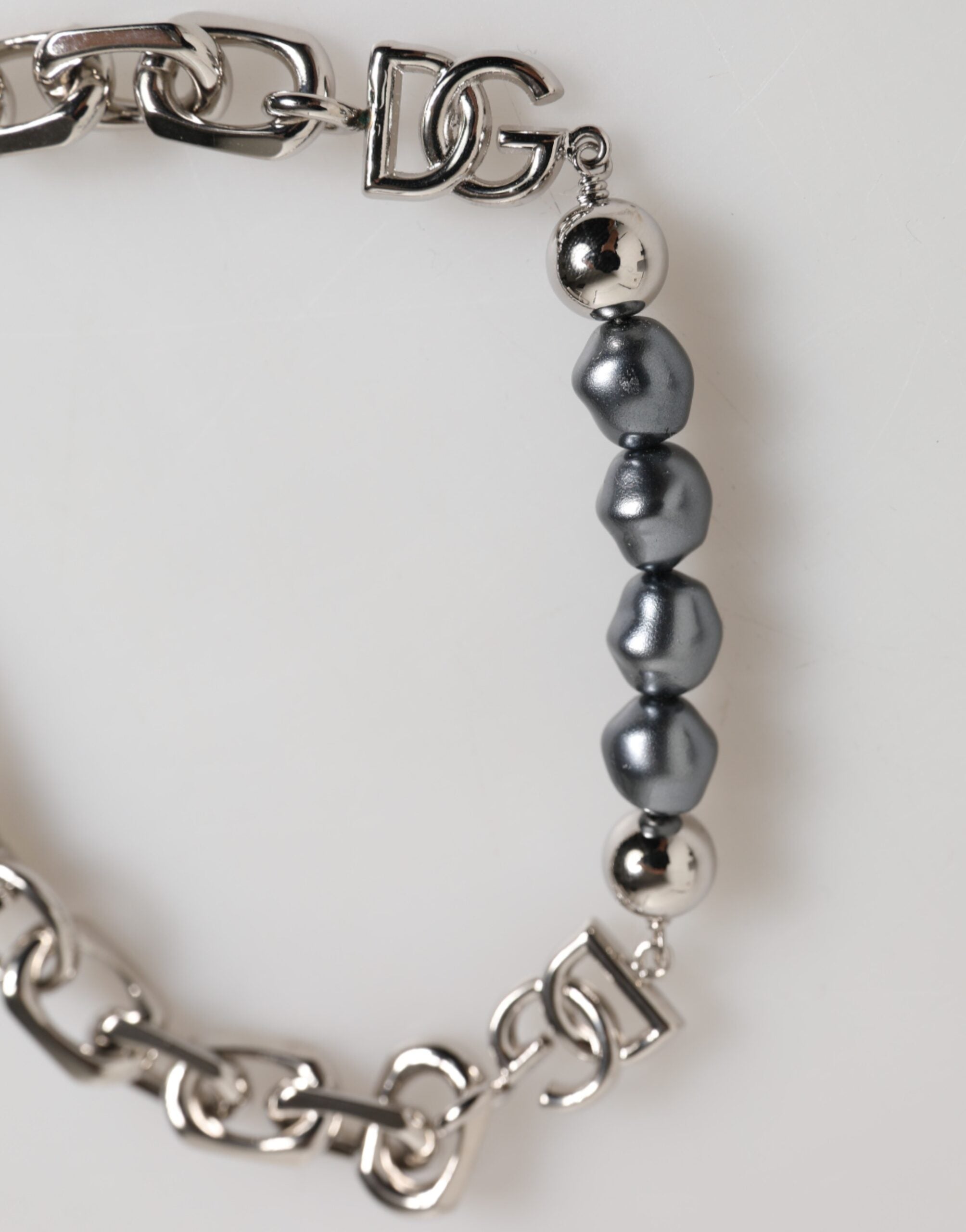 Dolce & Gabbana Silver Tone Chain Lobster Clasp Logo Gray Pearls Bracelet - Zeiniez