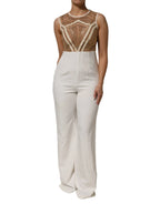 Mangano White Beige Mesh Crystal Embellished Sleeveless Jumpsuit - Zeiniez