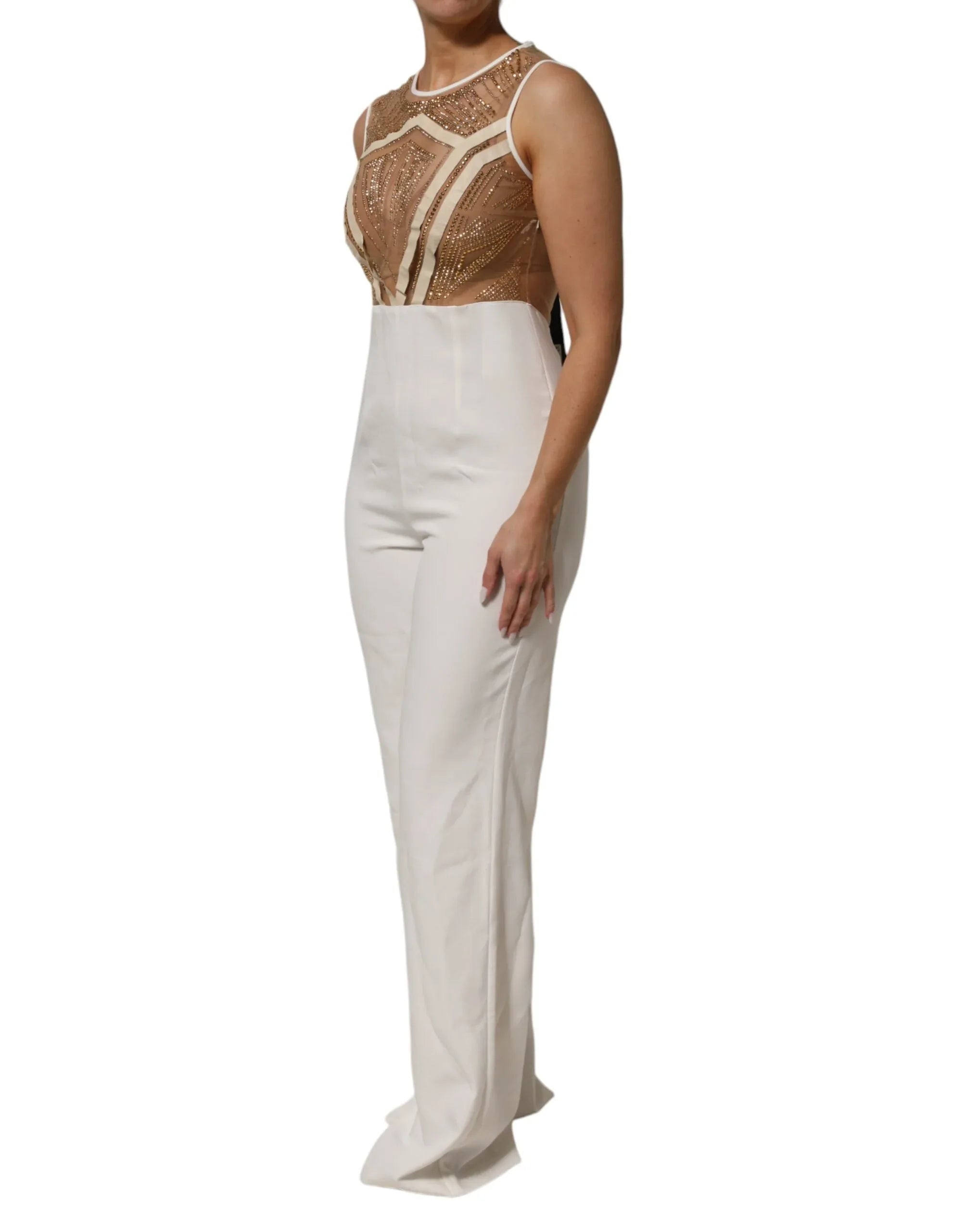 Mangano White Beige Mesh Crystal Embellished Sleeveless Jumpsuit - Zeiniez