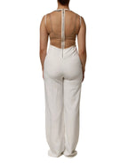 Mangano White Beige Mesh Crystal Embellished Sleeveless Jumpsuit - Zeiniez