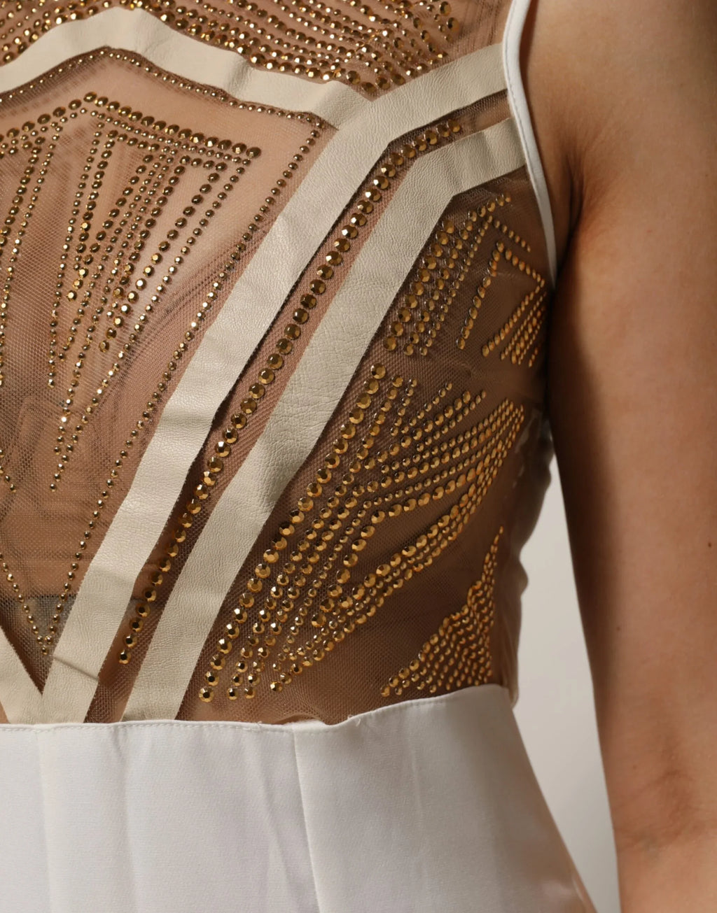 Mangano White Beige Mesh Crystal Embellished Sleeveless Jumpsuit - Zeiniez