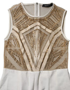 Mangano White Beige Mesh Crystal Embellished Sleeveless Jumpsuit - Zeiniez