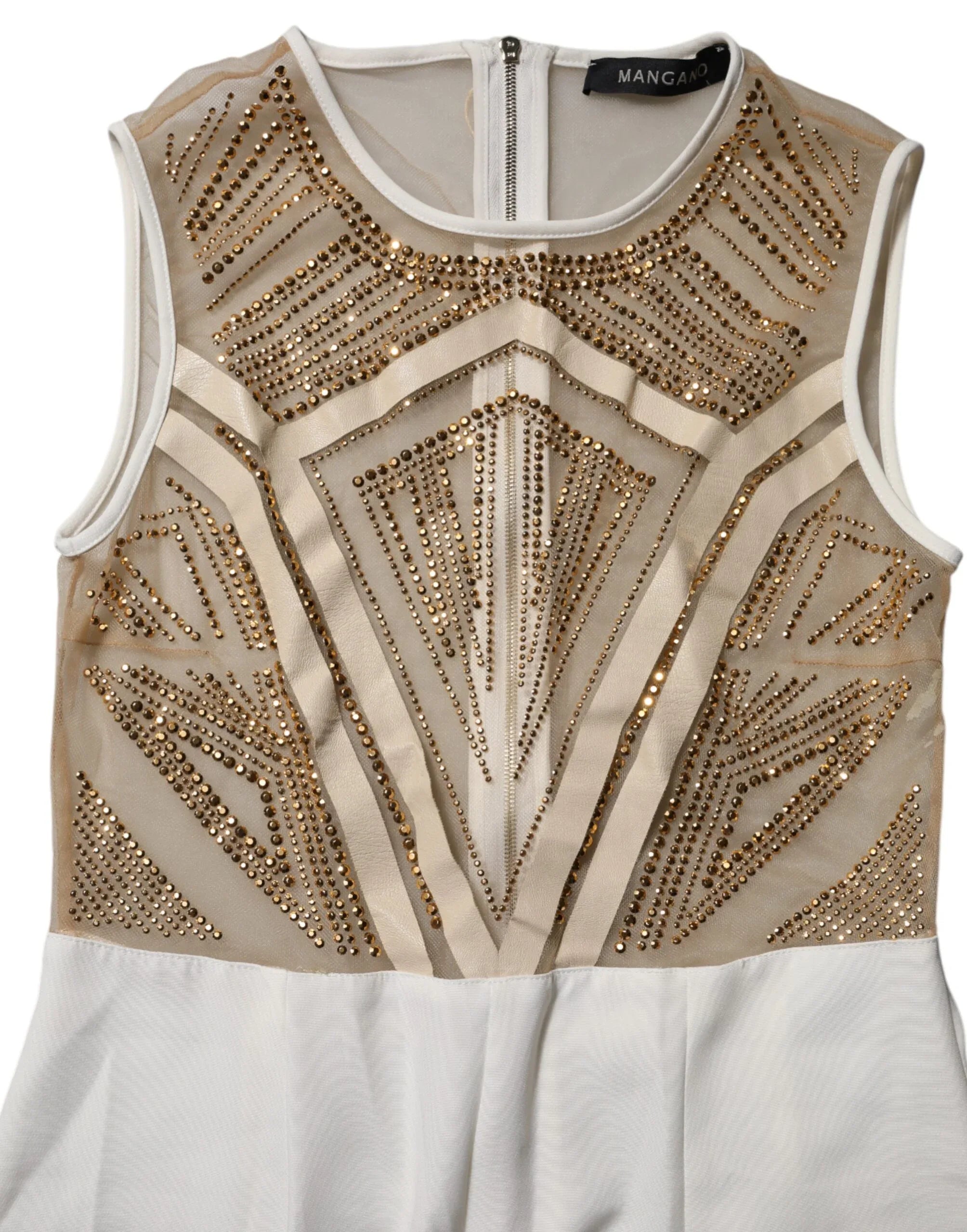 Mangano White Beige Mesh Crystal Embellished Sleeveless Jumpsuit - Zeiniez