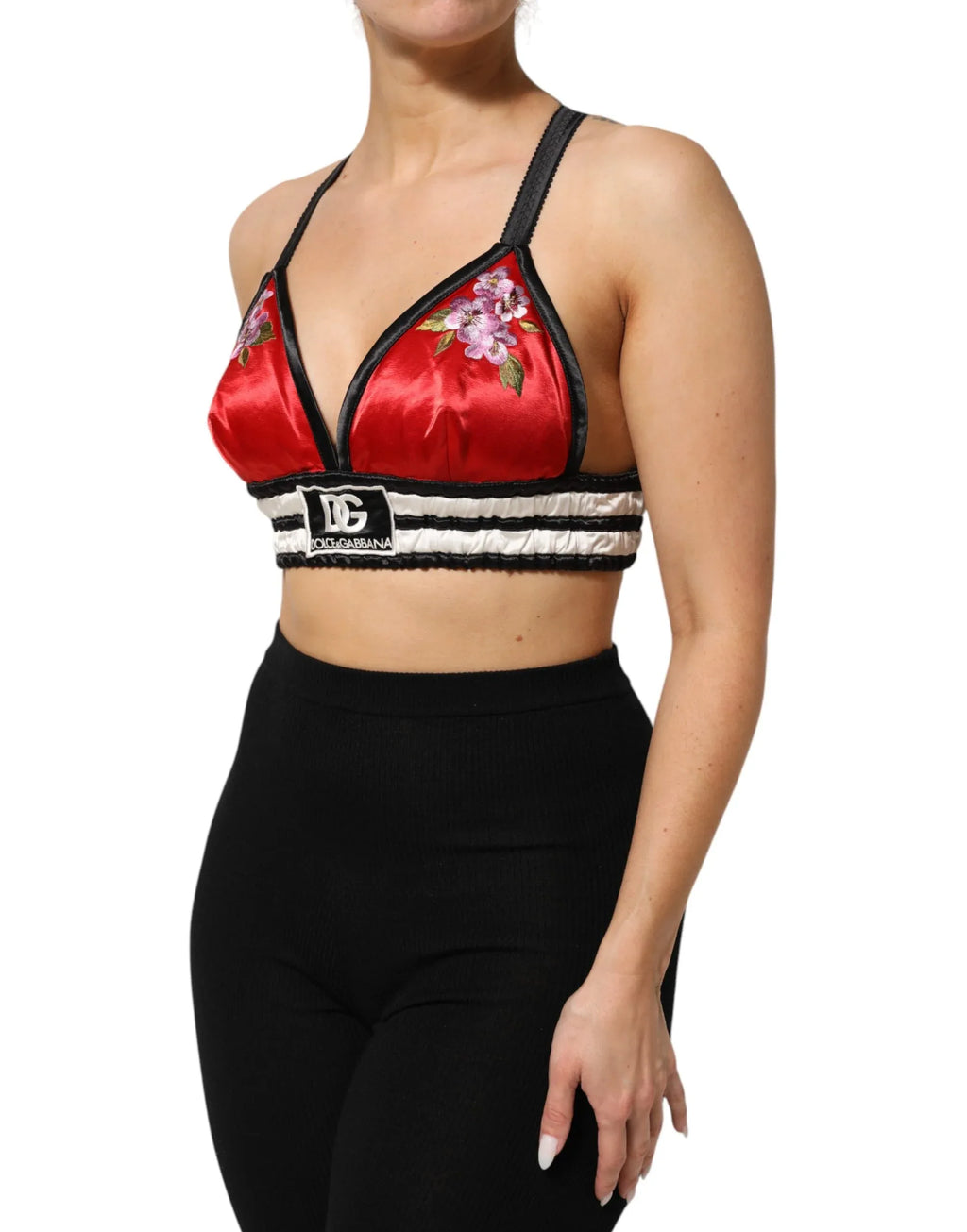Dolce & Gabbana Red Satin Floral Embroidered Bralette Crop Top - Zeiniez