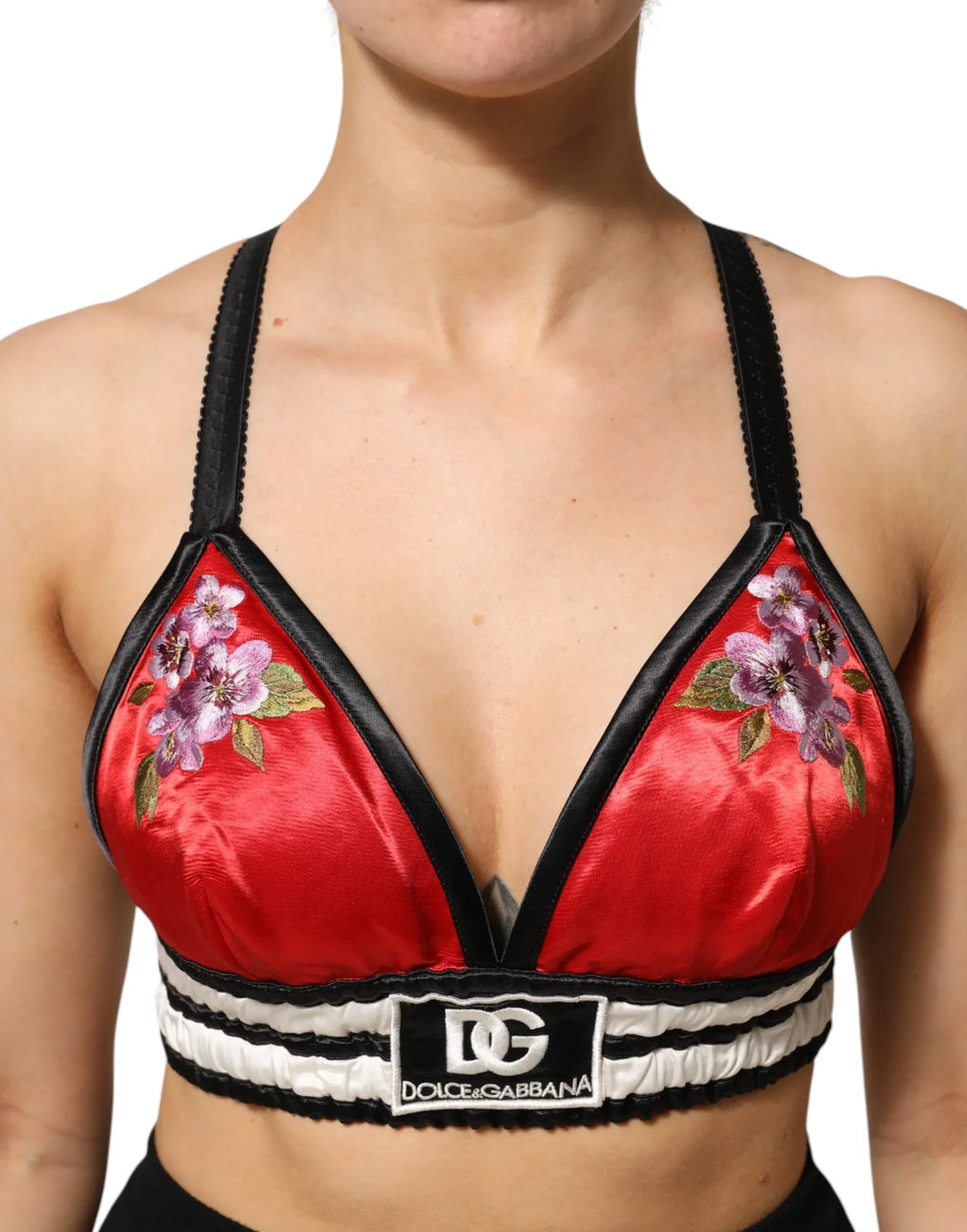 Dolce & Gabbana Red Satin Floral Embroidered Bralette Crop Top - Zeiniez