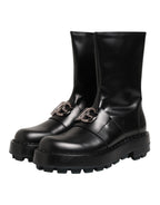 Dolce & Gabbana Black Logo Plaque Mid Calf Biker Boots Shoes