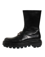 Dolce & Gabbana Black Logo Plaque Mid Calf Biker Boots Shoes