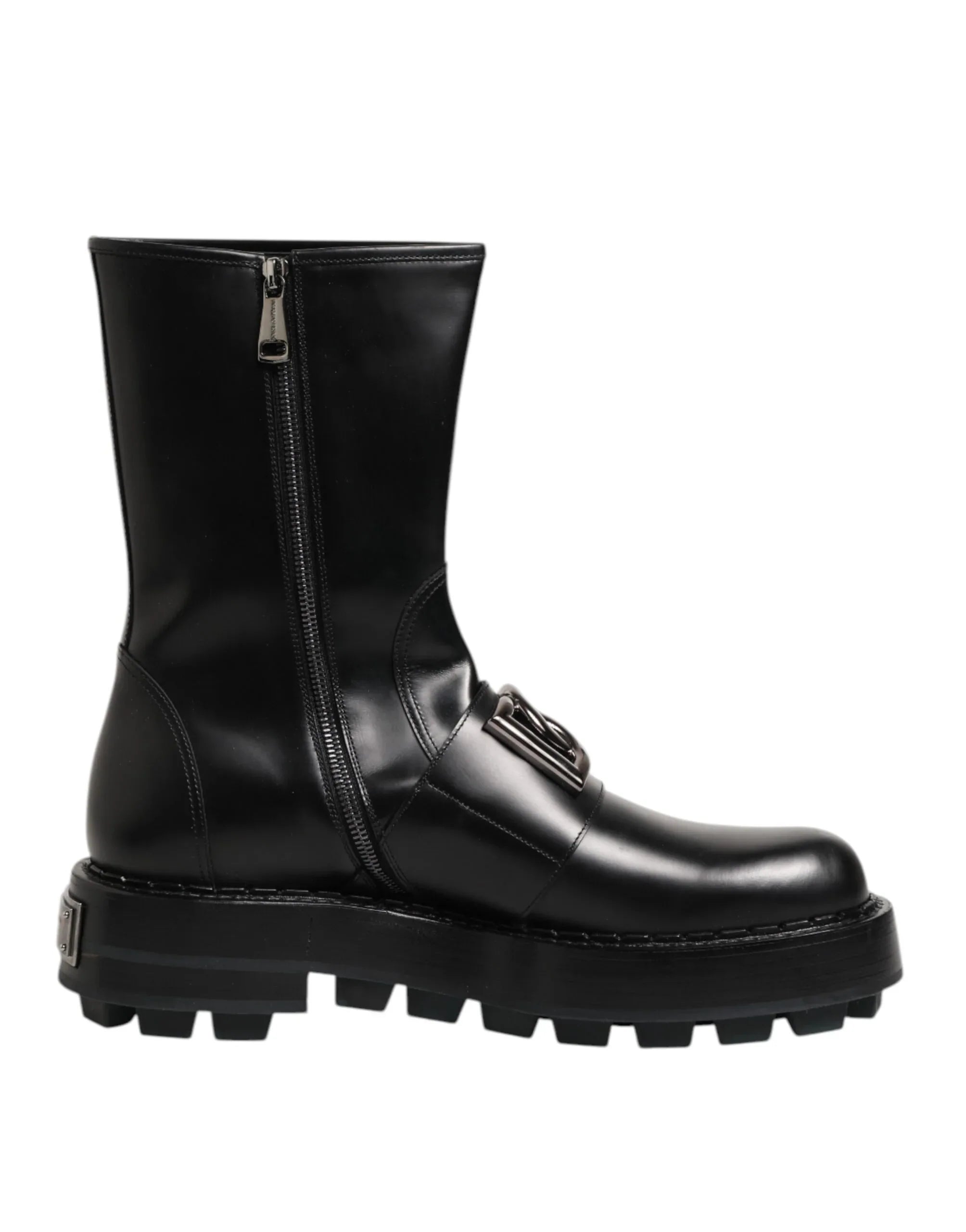 Dolce & Gabbana Black Logo Plaque Mid Calf Biker Boots Shoes - Zeiniez