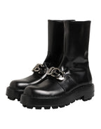 Dolce & Gabbana Black Logo Plaque Mid Calf Biker Boots Shoes - Zeiniez