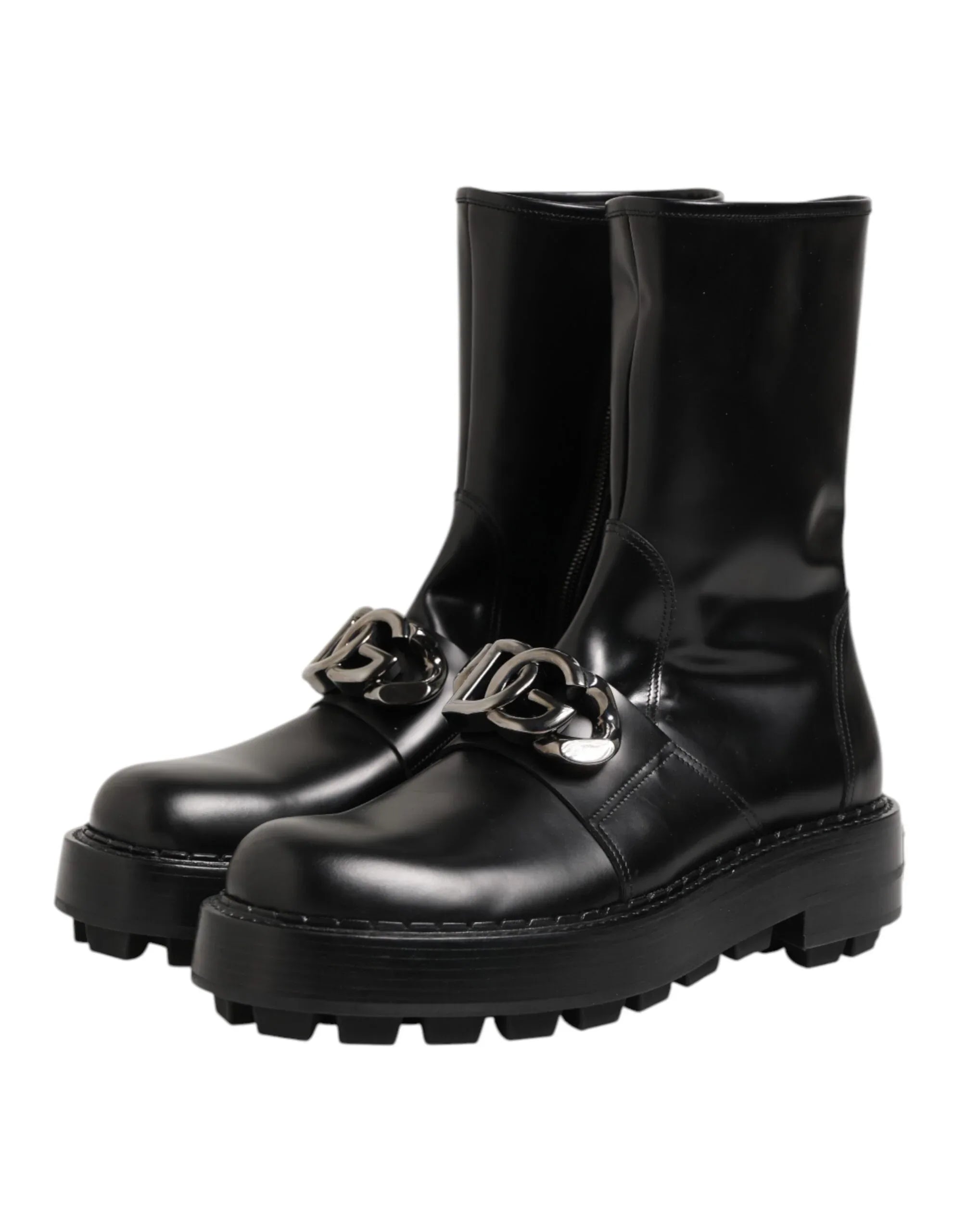 Dolce & Gabbana Black Logo Plaque Mid Calf Biker Boots Shoes - Zeiniez