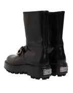Dolce & Gabbana Black Logo Plaque Mid Calf Biker Boots Shoes - Zeiniez