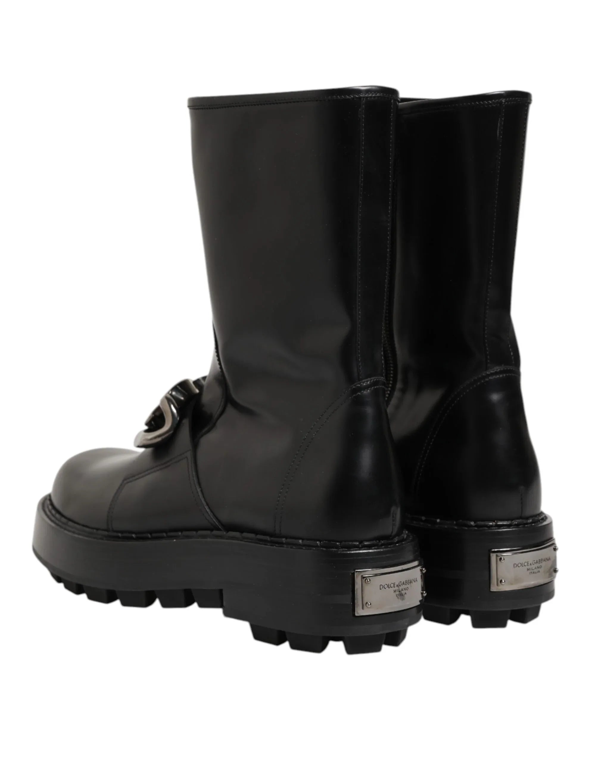 Dolce & Gabbana Black Logo Plaque Mid Calf Biker Boots Shoes - Zeiniez