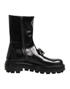 Dolce & Gabbana Black Logo Plaque Mid Calf Biker Boots Shoes - Zeiniez