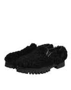 Dolce & Gabbana Dress Black Fur Leather Slippers Men Shoes - Zeiniez