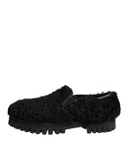 Dolce & Gabbana Dress Black Fur Leather Slippers Men Shoes