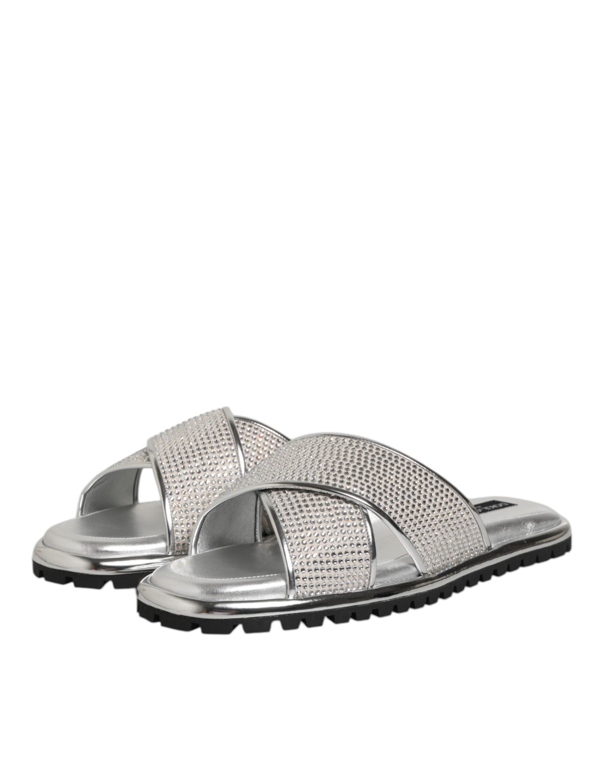 Dolce & Gabbana Silver Strass Slides Flats Slippers Shoes - Zeiniez