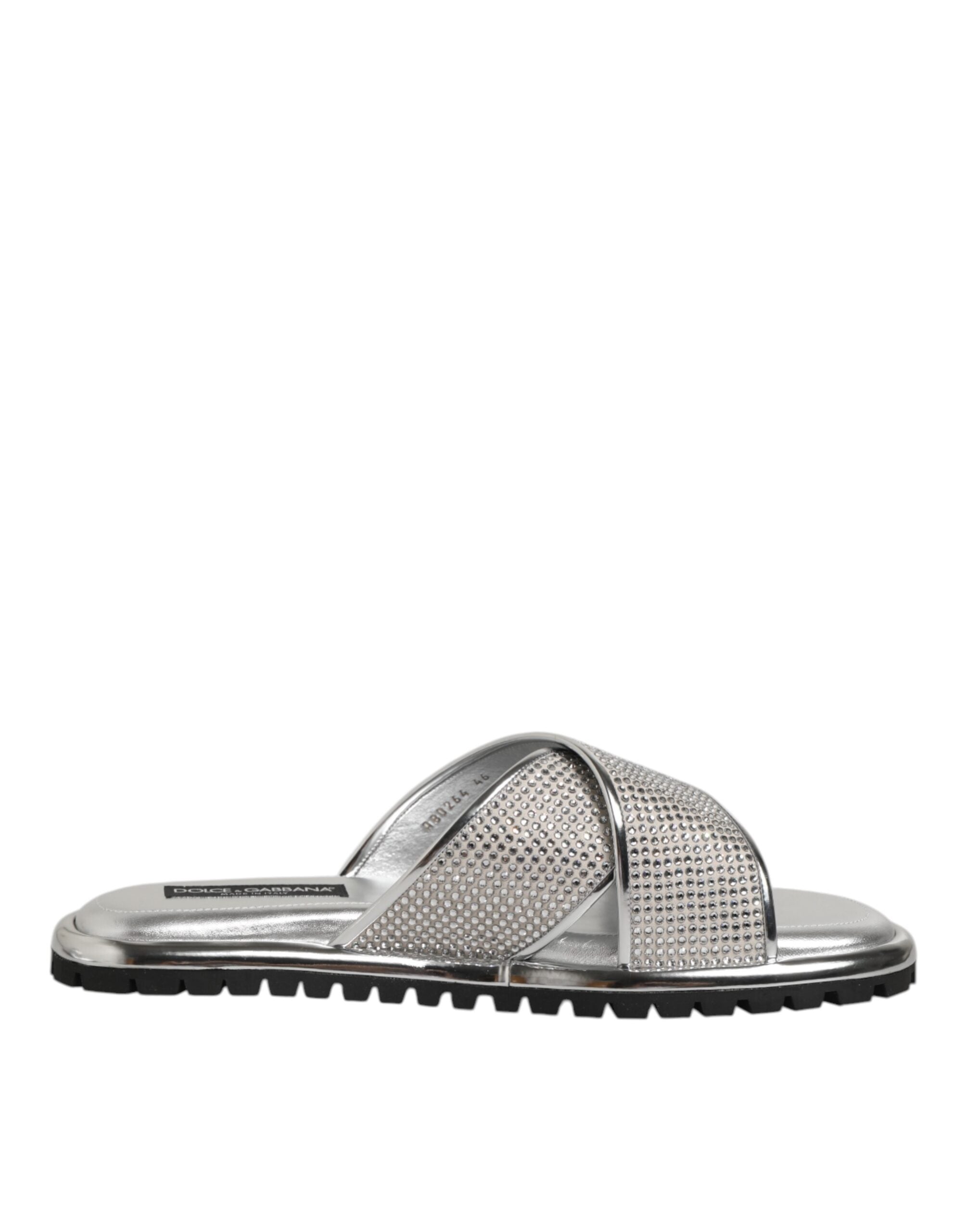 Dolce & Gabbana Silver Strass Slides Flats Slippers Shoes - Zeiniez