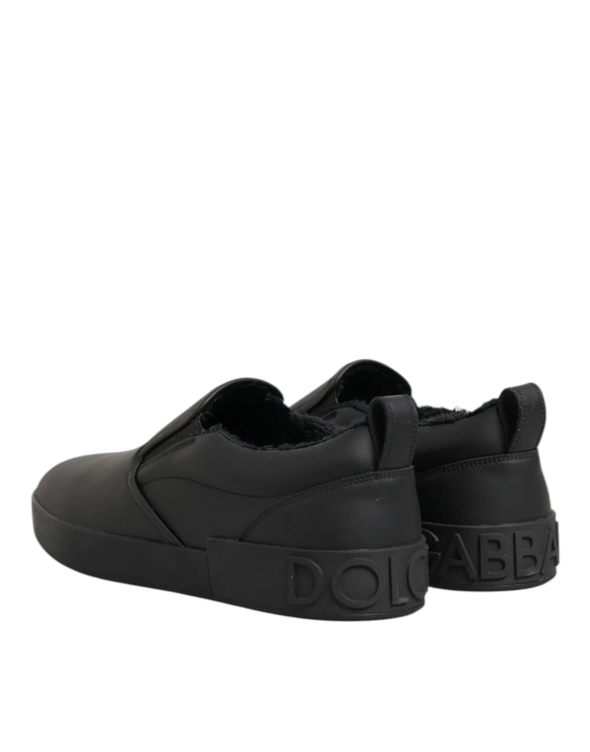 Dolce & Gabbana Black Leather Low Top Slip On Sneakers Shoes - Zeiniez