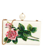 Dolce & Gabbana White Rose Embroidery Silk Gold Frame Clutch Purse Bag - Zeiniez