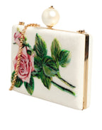 Dolce & Gabbana White Rose Embroidery Silk Gold Frame Clutch Purse Bag - Zeiniez