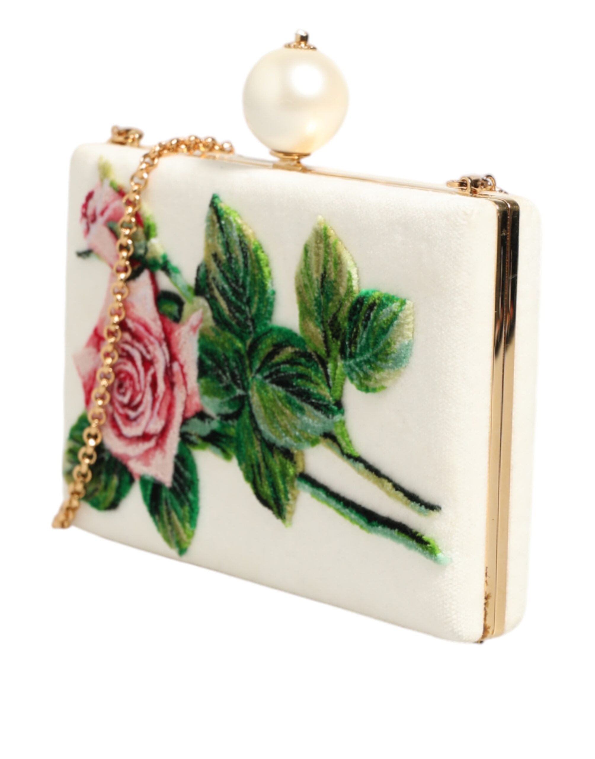 Dolce & Gabbana White Rose Embroidery Silk Gold Frame Clutch Purse Bag - Zeiniez
