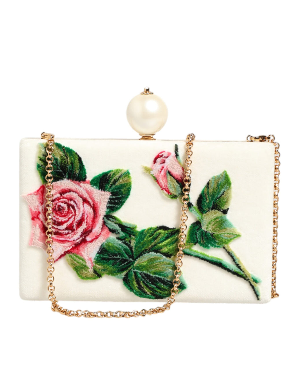 Dolce & Gabbana White Rose Embroidery Silk Gold Frame Clutch Purse Bag - Zeiniez