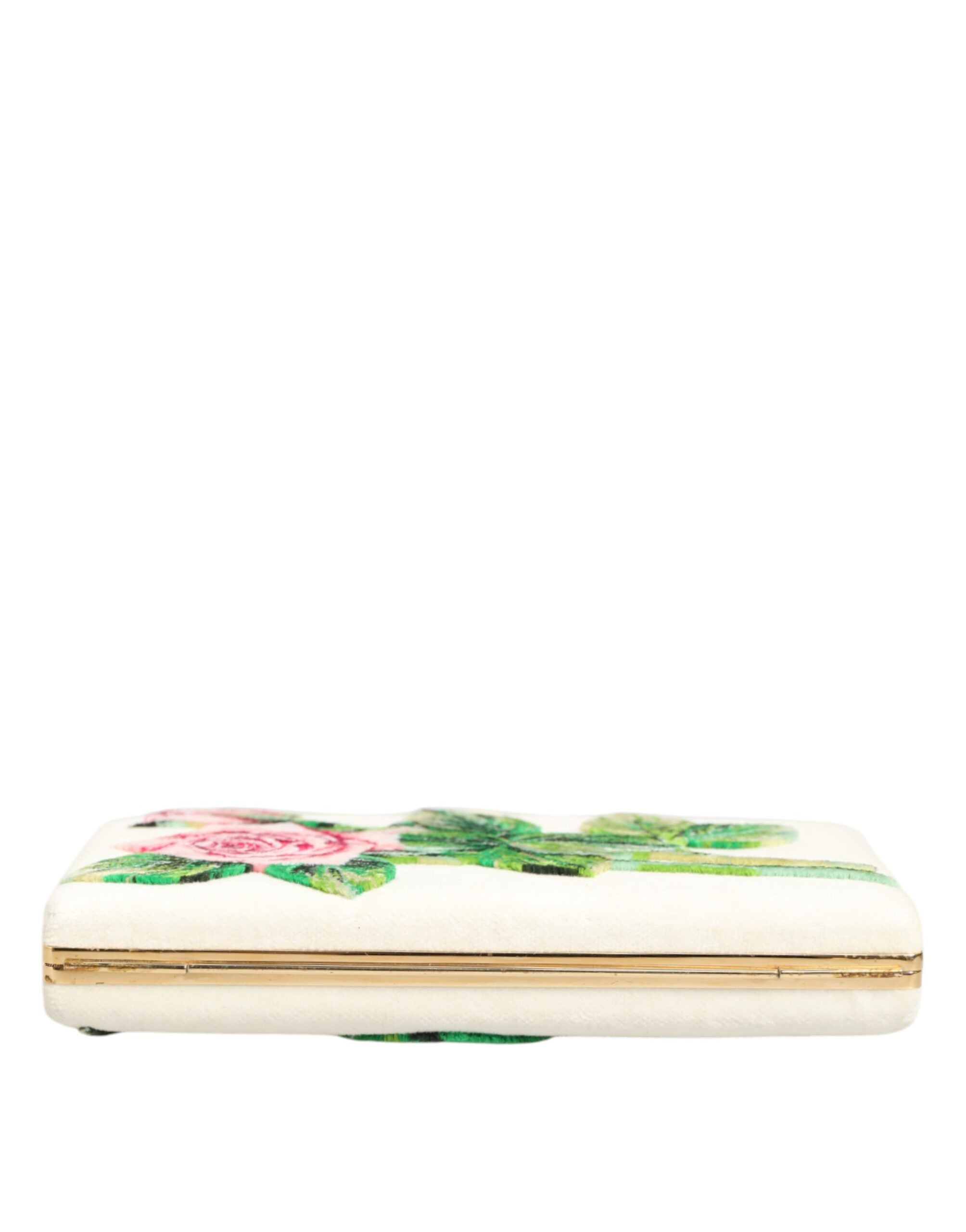 Dolce & Gabbana White Rose Embroidery Silk Gold Frame Clutch Purse Bag - Zeiniez
