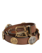 Dolce & Gabbana Brown Leather Gold Silver Coin Buckle Belt - Zeiniez