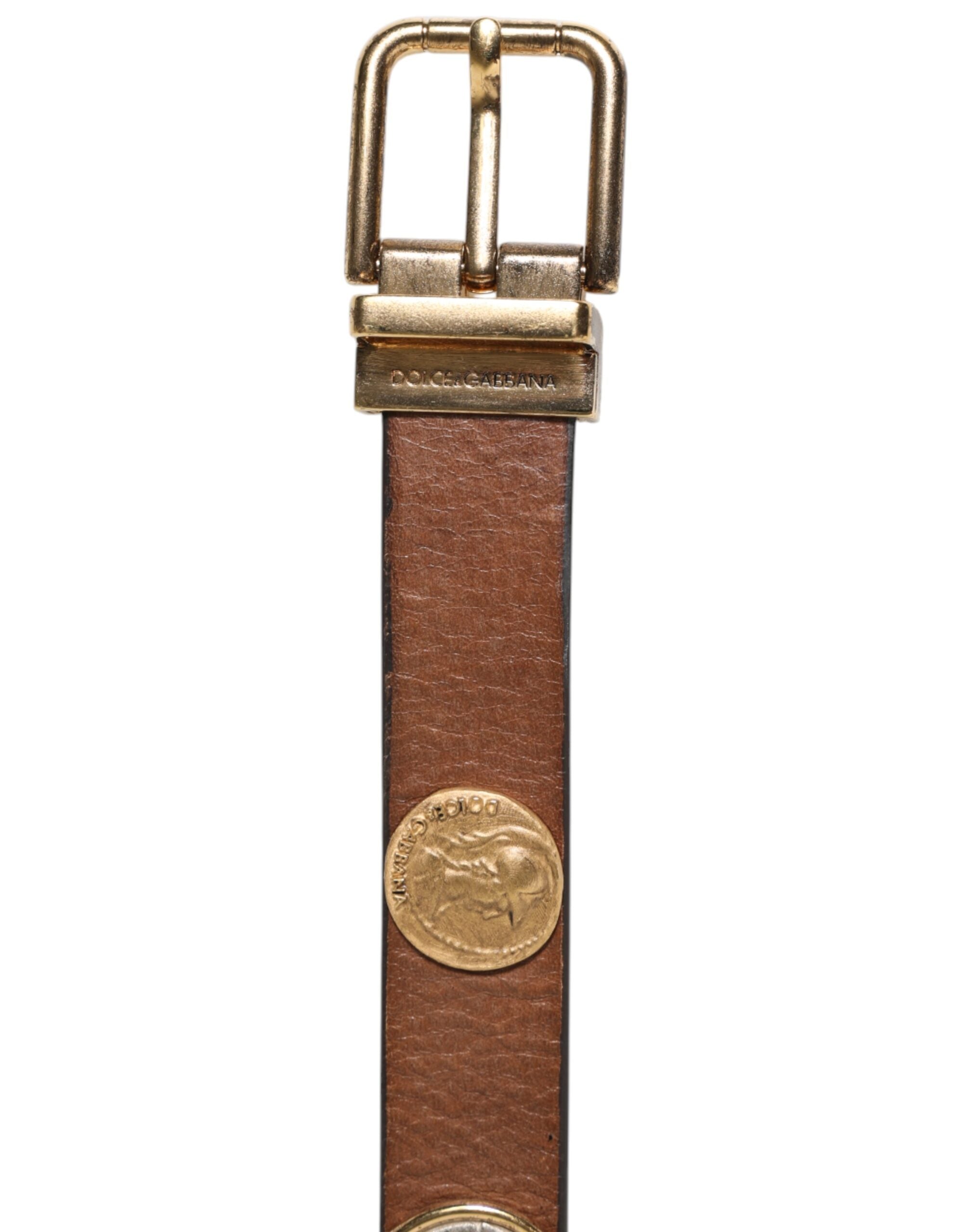 Dolce & Gabbana Brown Leather Gold Silver Coin Buckle Belt - Zeiniez