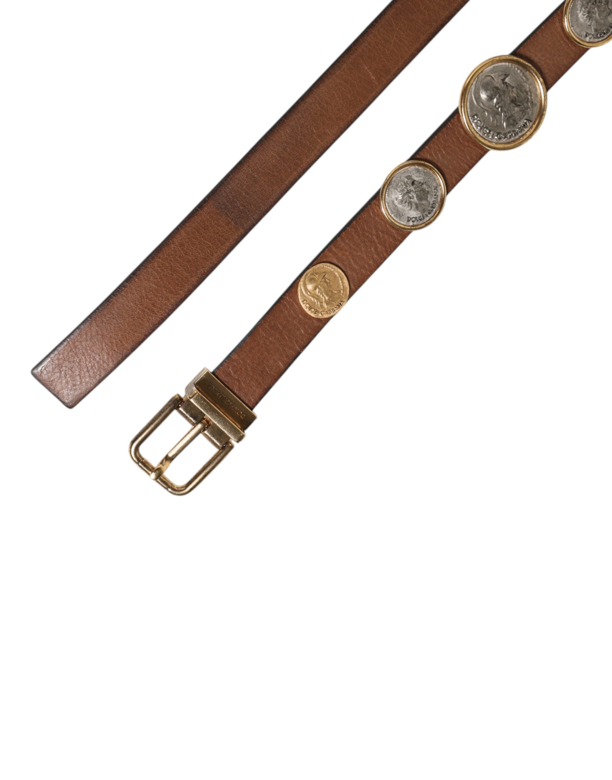 Dolce & Gabbana Brown Leather Gold Silver Coin Buckle Belt - Zeiniez