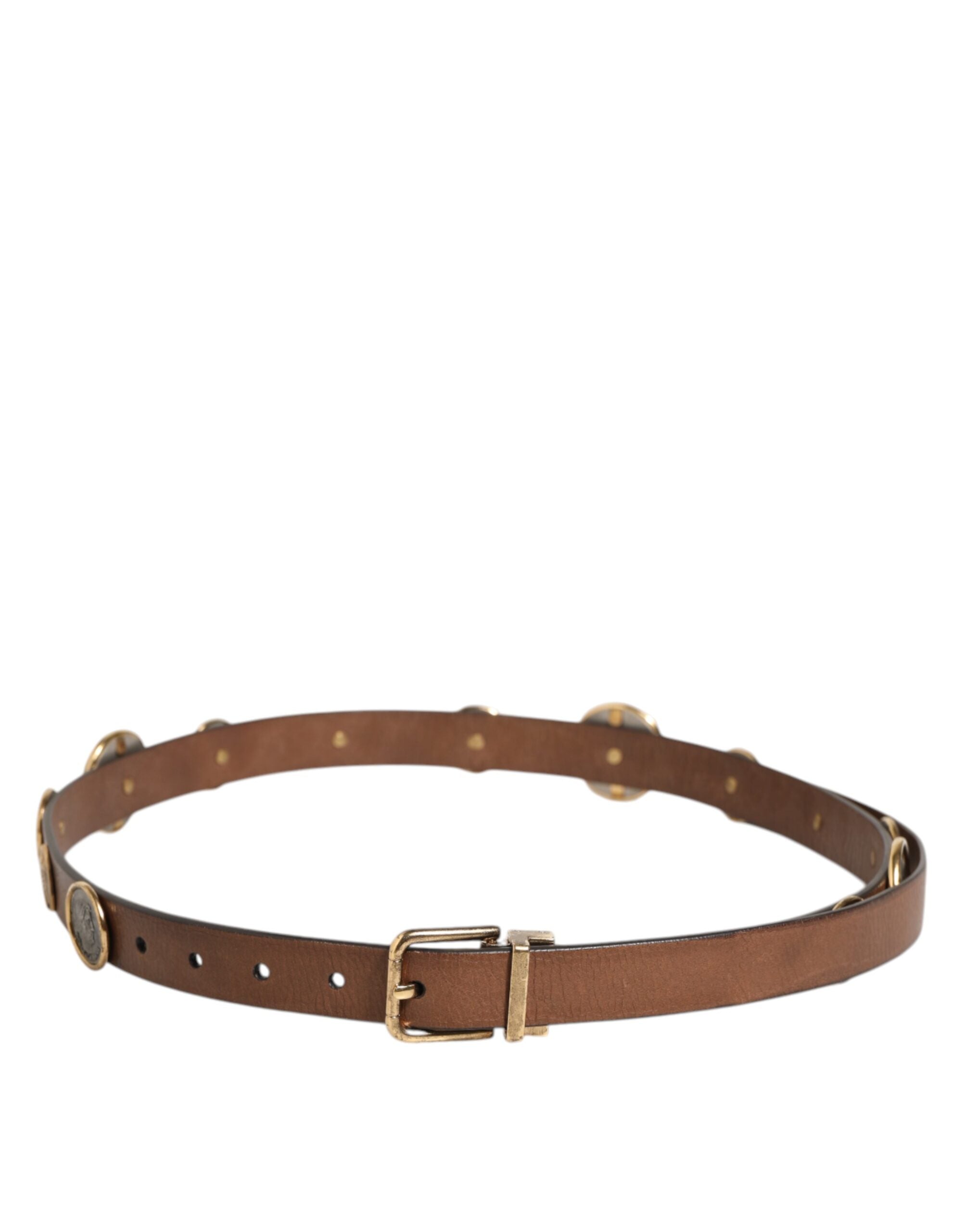Dolce & Gabbana Brown Leather Gold Silver Coin Buckle Belt - Zeiniez