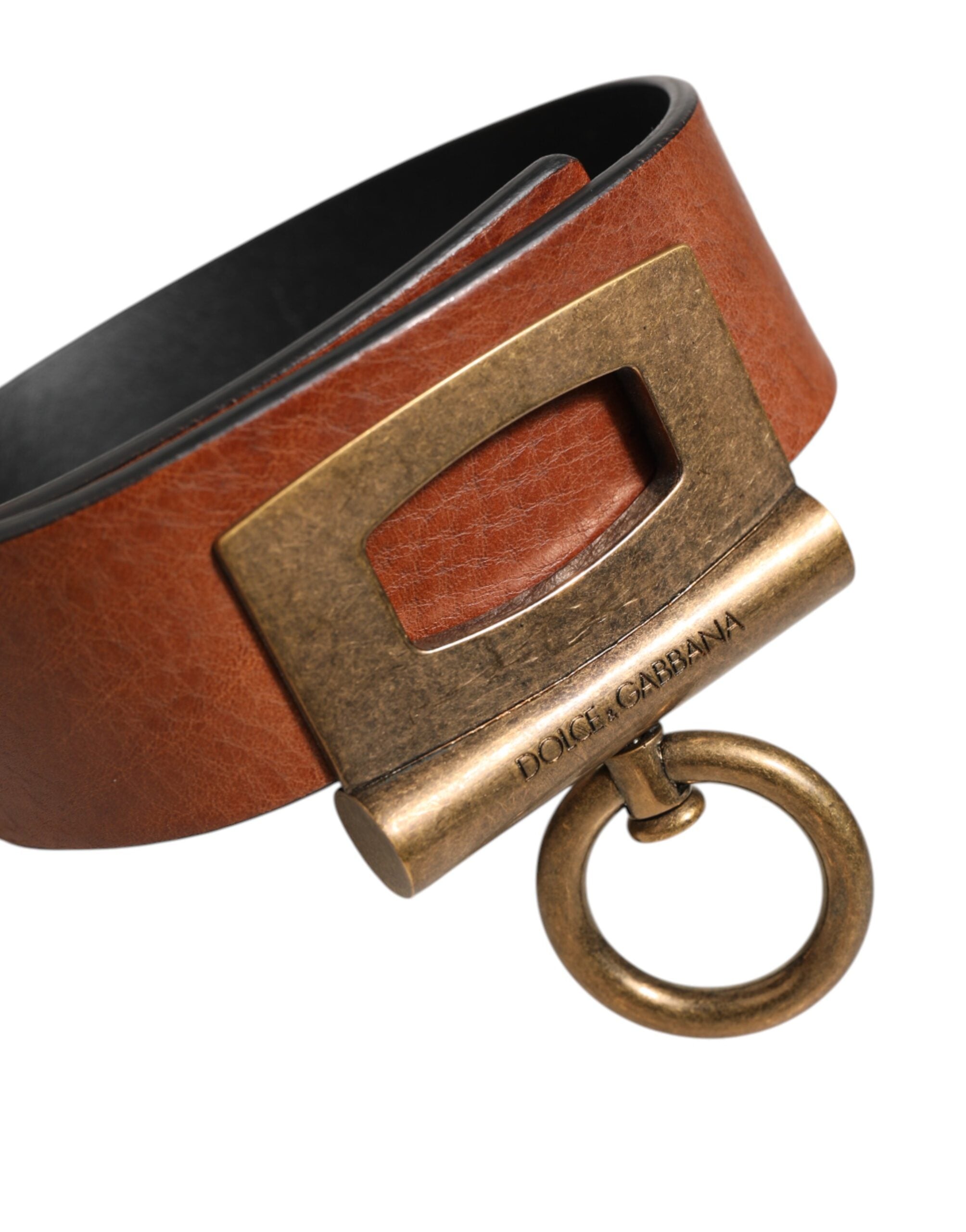 Dolce & Gabbana Brown Leather Side Rings Brass Buckle Belt - Zeiniez