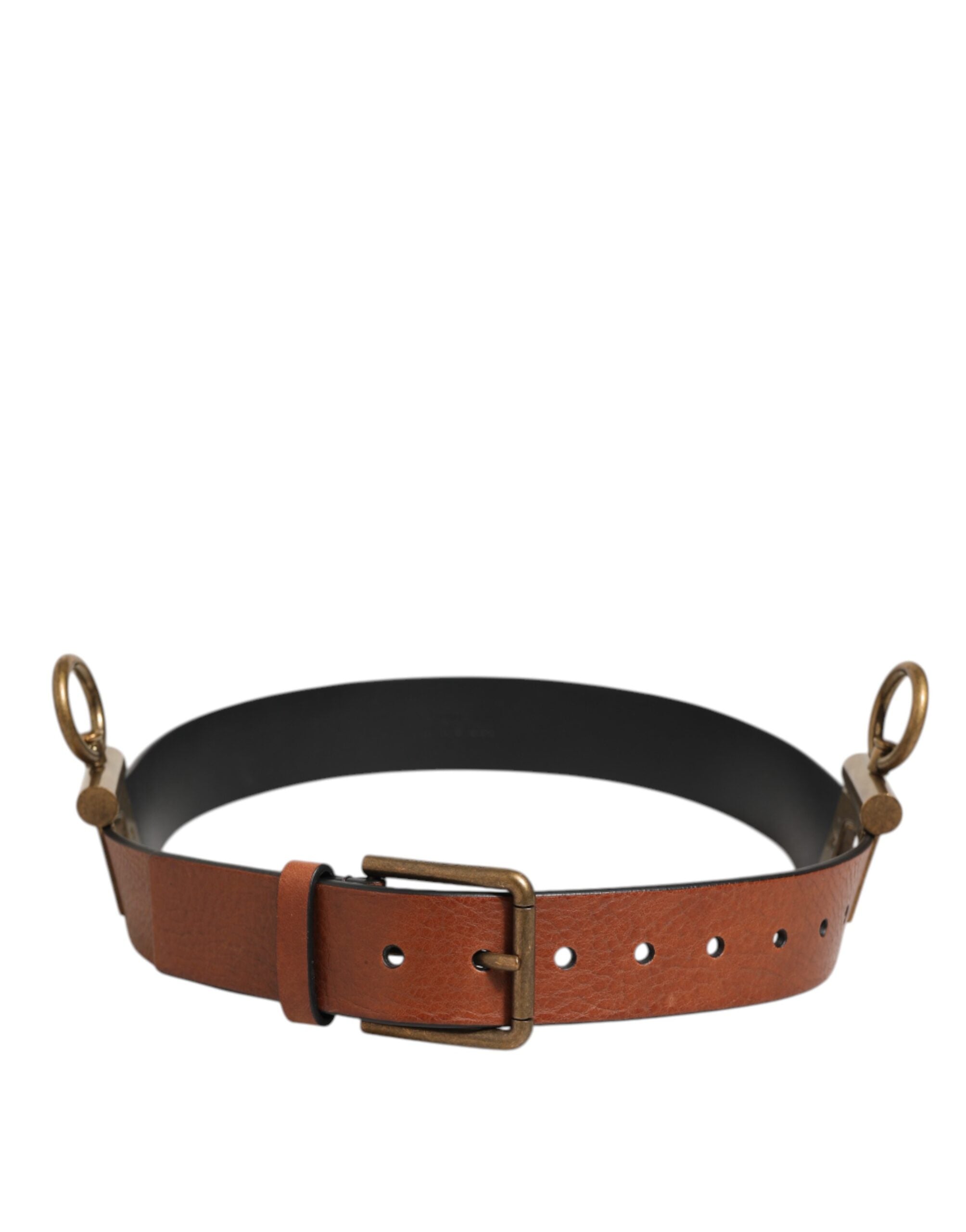 Dolce & Gabbana Brown Leather Side Rings Brass Buckle Belt - Zeiniez