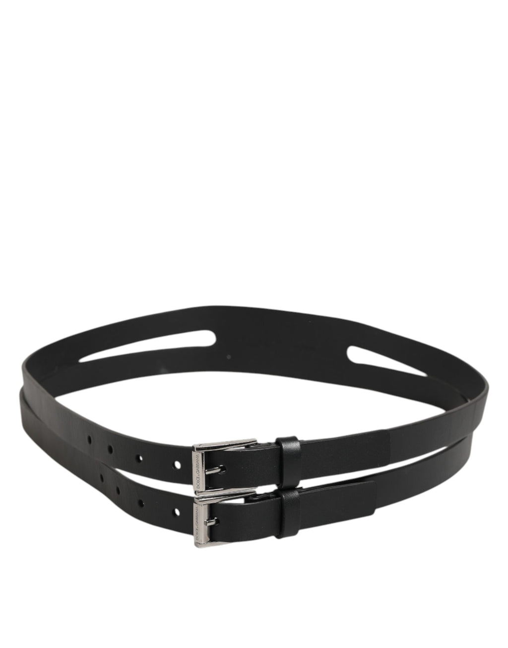 Dolce & Gabbana Black Double Strap Leather Silver Buckle Belt - Zeiniez